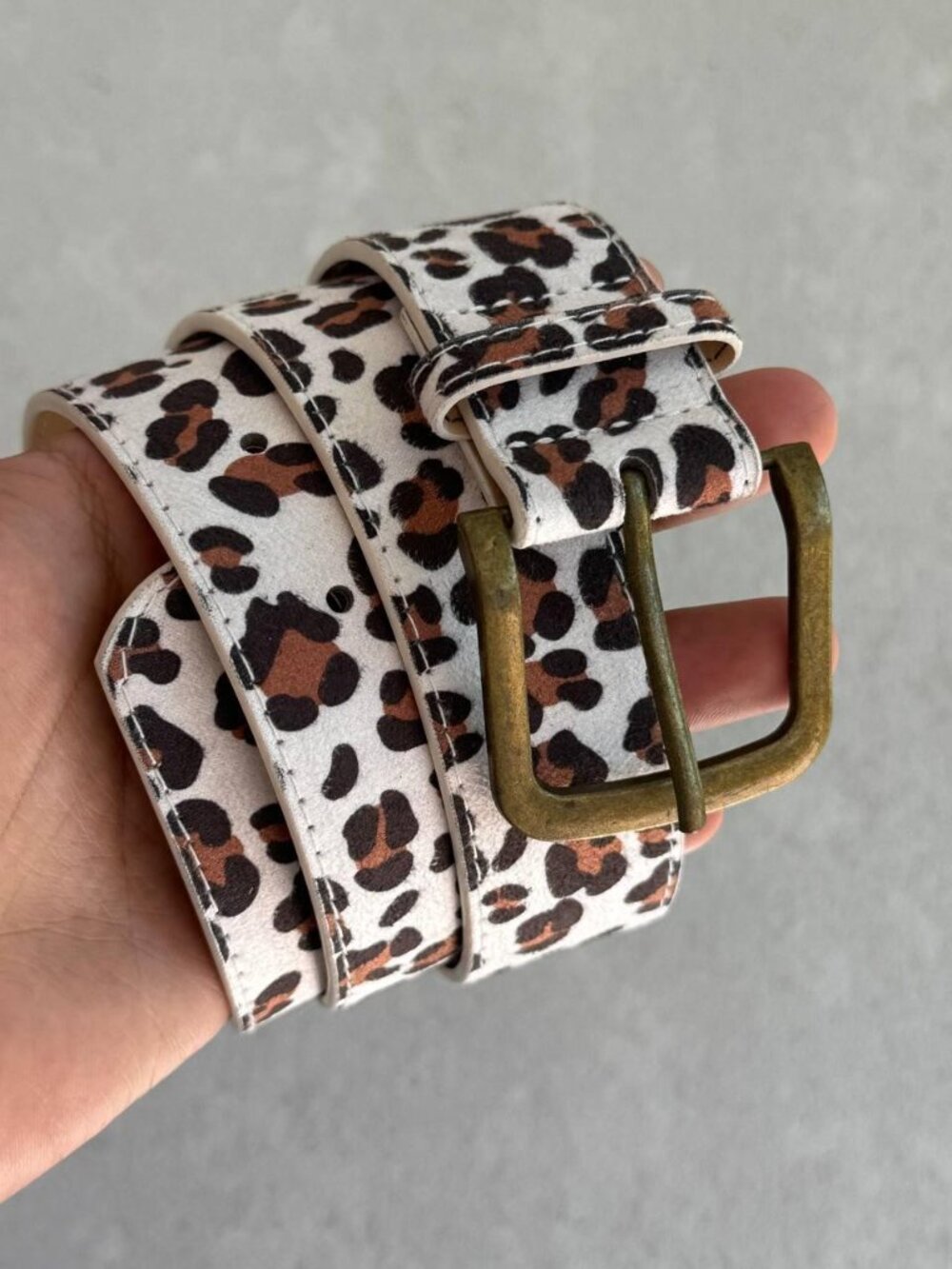 White Cheetah Print Brass Buckle Belt